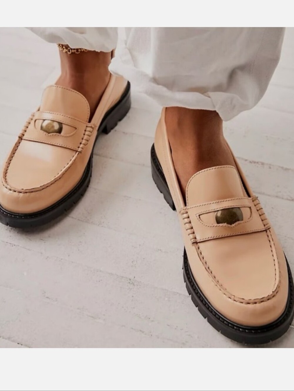 NWOT  Free People Beige Leather Penny Loafers